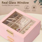 3-Layer Jewelry Box for Women, Jewelry Organizer with Glass Lid and Drawers, Jewelry Organizers and Storage for Necklaces, Ri