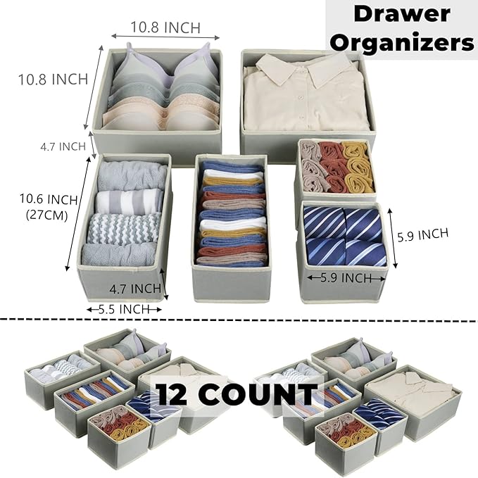 Fordonral 12 Pack Drawer Organizer Clothes, Foldable Fabric Dresser Organizer Closet Organizers and Storage Box for Underwear