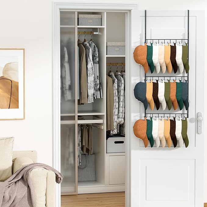 HapiRm Over Door Hat Rack - 3 Tier Wall Mounted Hat Organizer with 24 Hooks, Baseball Cap Organizer Storage Holds up to 24 Ca