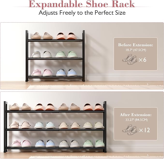 Bumusty 3-Tier Expandable Shoe Rack for Closet, 18“-33” Adjustable Shoe Rack for Small Space, Small Shoe Organizer for Front 