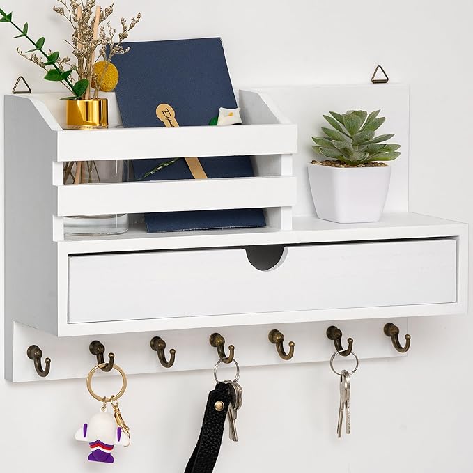 dreampossible Key and Mail Holder for Wall, Mail Organizer Wall Mount with 6 Hooks and Storage Drawer, Wooden Key Rack Hanger