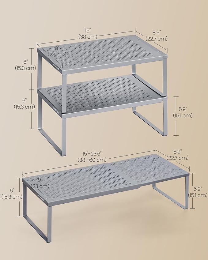 SONGMICS Spice Racks, Set of 2 Expandable Kitchen Countertop Shelves, Small Cupboard Organizers, Metal, Space-Saving Tabletop