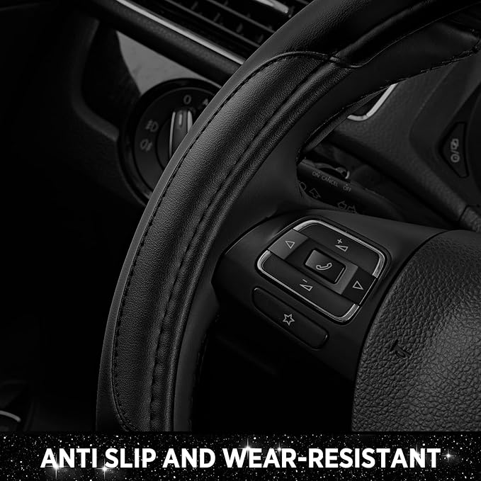 Road Comforts Leather Steering Wheel Cover - Made with PVC Leather - Anti-Slip, Universal Fit 14 1/2 inches to 15 inches - Bl