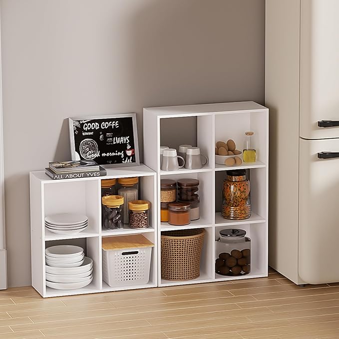 Cube Storage Organizer,Wood Organizer with Open Back,2 Tier Bookcase,Open Bookshelf for Home Office Living Room (White, 4-Cub