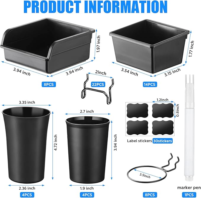 Sieral 64 Pieces Pegboard Bins Pegboard Cups with Hooks and Loops Peg Hooks Assortment Organizer Accessory for Organizing Acc