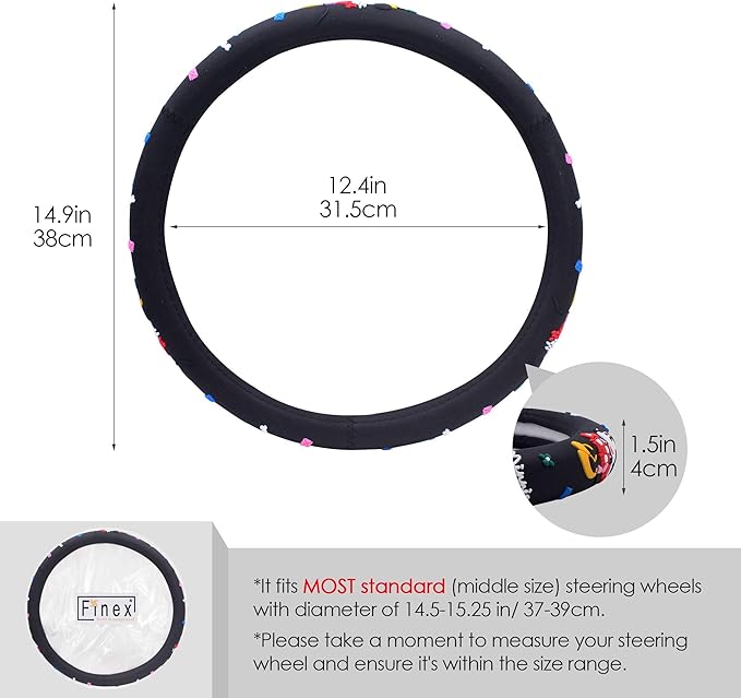 Finex Silicone 3D Molded Design - Checker Auto Car Steering Wheel Cover - Black - Universal Fit