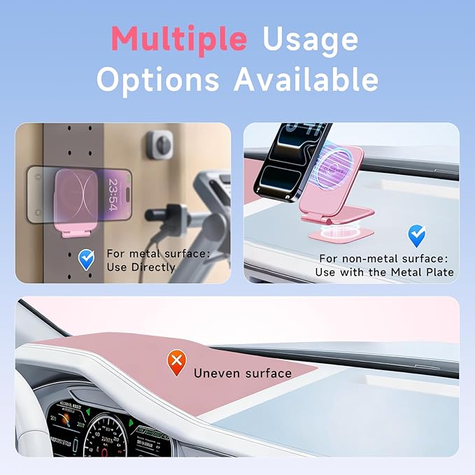 Pink Foldable Magnetic Phone Mount, Hidefold Ultra-Thin Magnetic Phone Holder for Car with Dual Side Strong Magnets, Car Accessories for Women, Fit for All Phone, Dashboard, Laptop, Gym