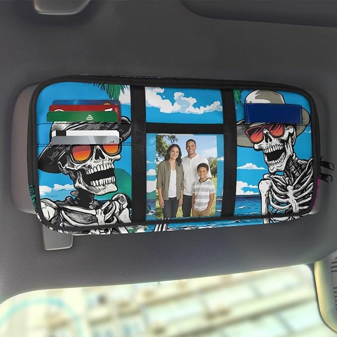 Attractions Sun Visor Organizer for Trucks,Vacation Skull Card Sleeve Pocket with Multi-Pocket Zipper, Auto Interior Accessories Pocket Organizer