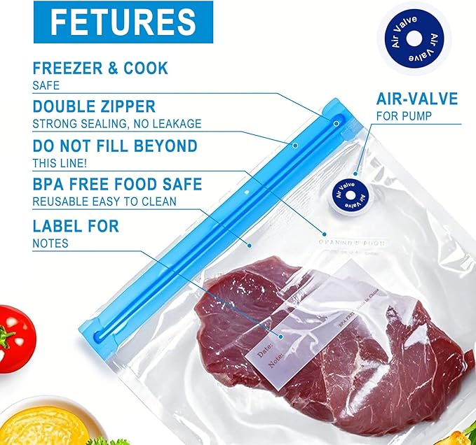 MEGAWISE Reusable Sous Vide Bags 58Pcs BPA-Free, 1.4L Vacuum Sealer Bags for Cooking & Microwave, 50 Zipper Bags, 3 Seal Clip