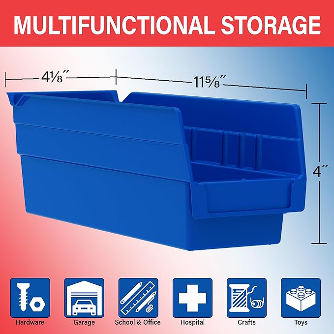 Akro-Mils 30120 Plastic Shelf Bins, Heavy Duty Storage Bins for Garage, Closet, and Drawer Organization, 12" x 4" x 4", Blue,