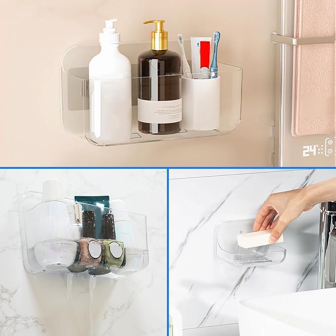 Diesisa 3pc Acrylic Wall Mount Organizer, Adhesive Clear Shower Caddies,Acrylic Soap Basket for wall,No Drilling Hang Walls,w