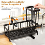 Black Sponge Holder for Kitchen Sink, Sink Caddy with Brush Holder Self-draining Sponge, Sturdy Rustproof Stainless Steel Kit