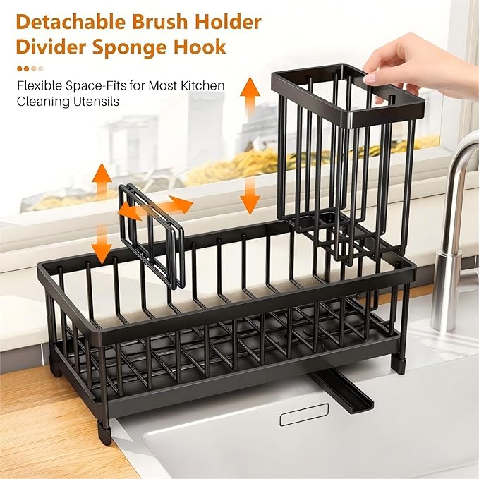 Black Sponge Holder for Kitchen Sink, Sink Caddy with Brush Holder Self-draining Sponge, Sturdy Rustproof Stainless Steel Kit