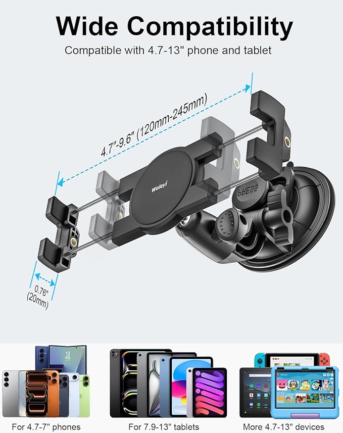 woleyi Heavy Duty Tablet Holder for Car/Truck - [Super Suction Cup] Windshield Dashboard Car Tablet Mount with 1/4" Screw Adapter for 4-13" iPad Pro/Air/Mini, Galaxy Tab/Z Fold, iPhone & Gopro/Camera