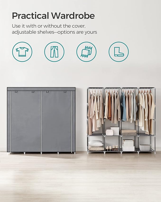 SONGMICS Portable Closet, Wardrobe Closet Organizer with Cover, 4 Hanging Rods and Shelves, 4 Side Pockets, 66.9 x 17.7 x 65.