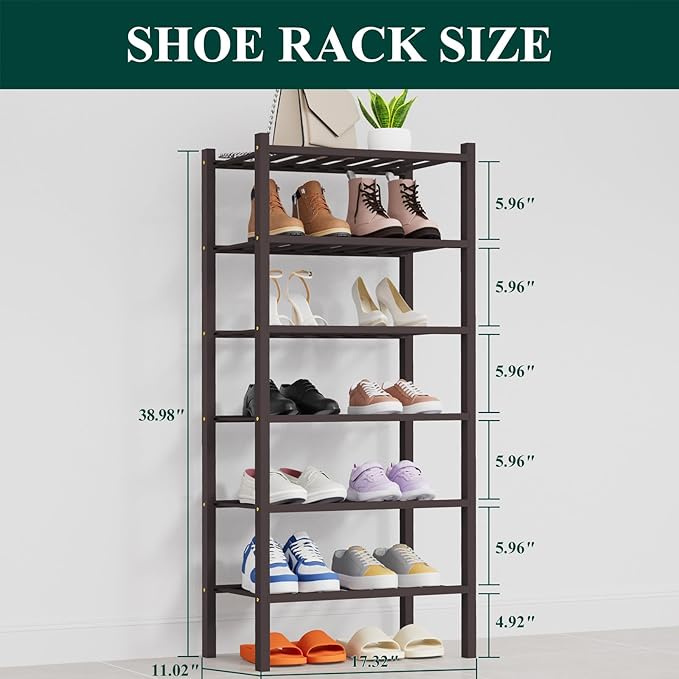 Smiry Shoe Rack, 6 Tier Thick Small Bamboo Shoe Organizer, Stackable Free Standing Wooden Shoe Storage Shelf for Closet, Entr