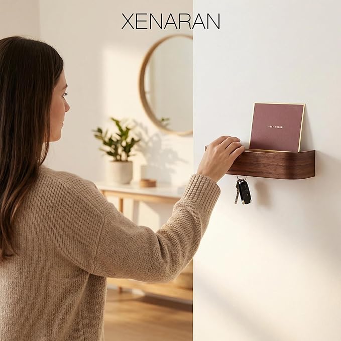 Wall Mount Key Holder with 5 Hidden Hooks Modern Key Hanger Rack Wood Entryway Hook Mail Organizer Tray Shelf Home Decor for 