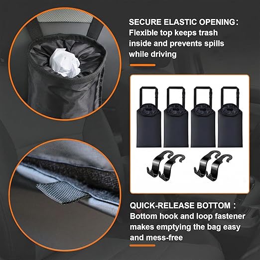 4 Pack Hanging Car Trash Bags, Washable Automotive Garbage Can for Back Seat with 4 Car Headrest Purse Hooks