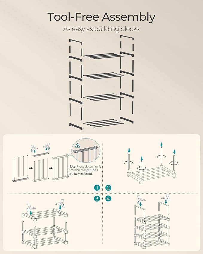 SONGMICS Shoe Rack, 4-Tier Shoe Organizer, Metal Storage Shelf, Upright or Upside Down, for 5-10 Pairs, Stackable, for Entryw