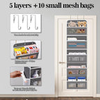 KYEVIS Over The Door Organizer, 5 Shelves Closet Door Hanging Storage and Organizer with 10 Mesh Pockets, Nursery Closet Orga