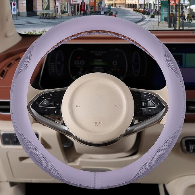 Nappa Leather Steering Wheel Cover, Advanced Microfiber Leather Non-Slip Breathable Fabric, Warm in Winter and Cool in Summer
