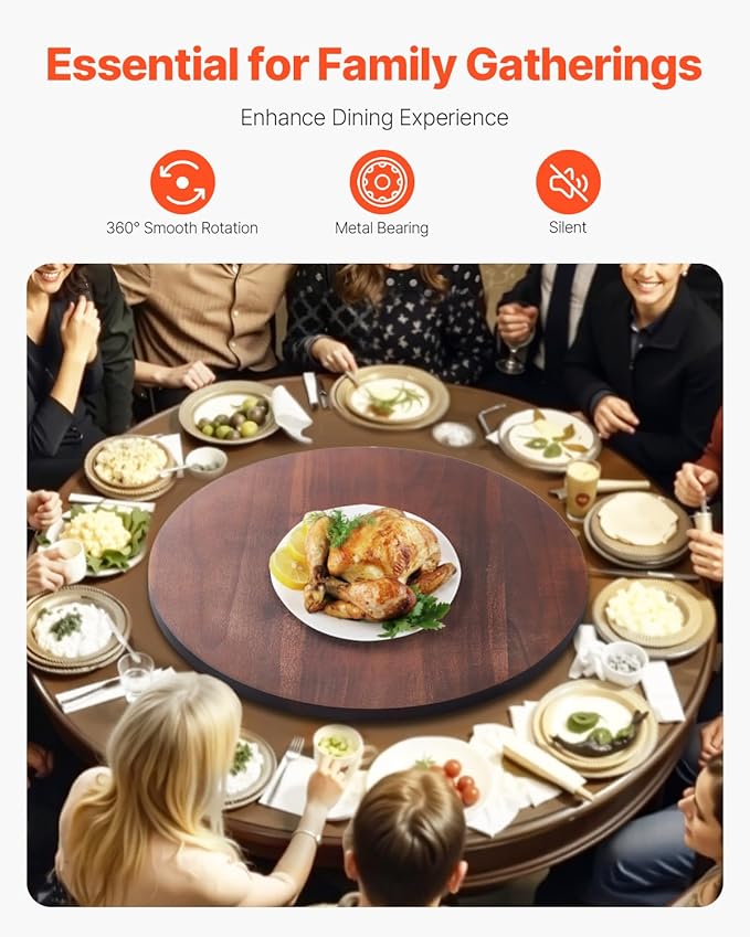 VEVOR 24 in Wood Lazy Susan Turntable, 360° Rotation Round Clear Tabletop Rotating Tray, Acacia Wood Dining Table Centerpiece