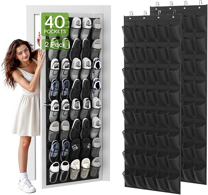 Unjumbly Over the Door Shoe Organizer with 40 Large Breathable Mesh Pockets, Space Saving Shoe Holder, Hanging Shoe Rack for 