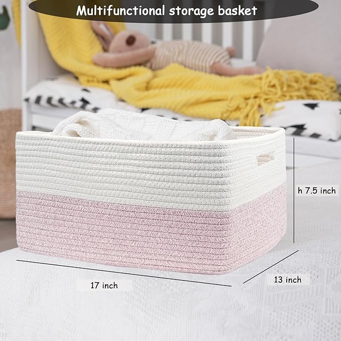 COMFY-HOMI Cotton Rope Woven Basket with Handles for Shelves,Toys,Book, Cloth Storage Baskets for Organizing-17" x 13" x 7.5"