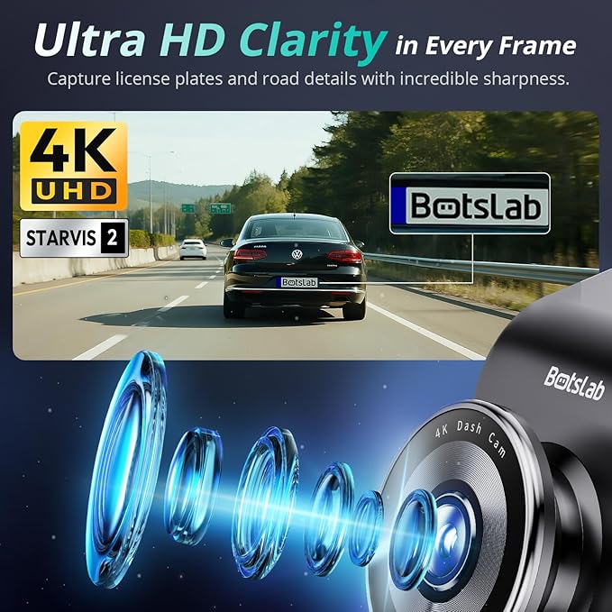 BOTSLAB 4K Dash Cam Front, STARVIS 2 Sensor, Voice Control, 64GB Card Included, 5GHz WiFi, Built in GPS, WDR Night Vision, 17