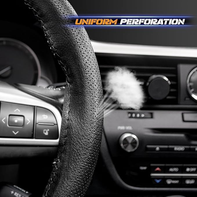 AUTOXBERT 38cm/15 Inch Genuine Leather DIY Steering Wheel Cover Soft Hand Sewing On Wrap Cover with Needles Thread fit for VW