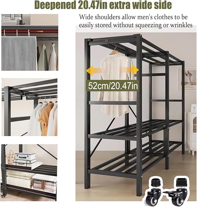 YTLEMON Heavy Duty Wardrobe Closet with Cover, Metal Rolling Clothes Rack, Foldable Portable Closet Organizer System Freestan