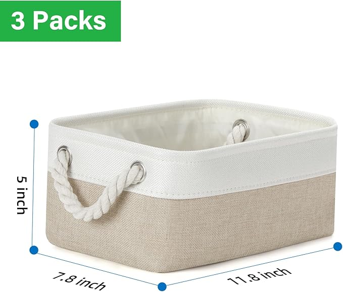 Bidtakay Small Baskets Fabric Storage Baskets for Organizing 3-Pack 12x8x5 Inch Collapsible Storage Bins for Shelves Canvas B