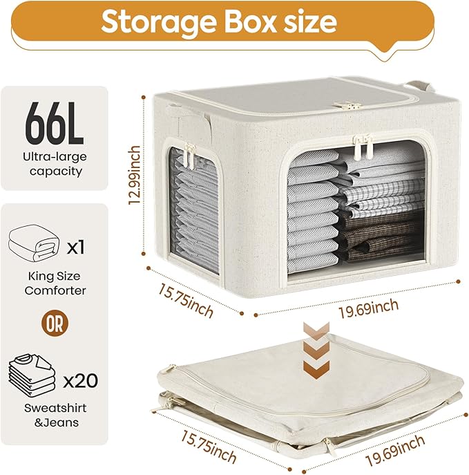 Clothes Storage Bins with Metal Frame, 3 Pack-66L Foldable Fabric Organizer Box with Transparent Window, Cotton Linen Storage