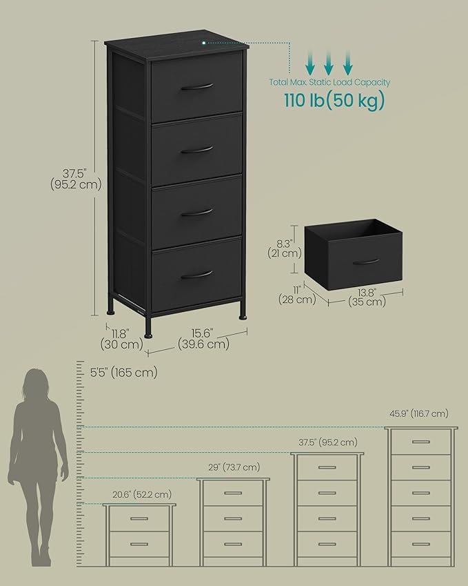 SONGMICS Dresser for Bedroom, Chest of Drawers, Steel, MDF, 4 Non-Woven Fabric Drawers, Storage Organizer Unit, Closet, Entry
