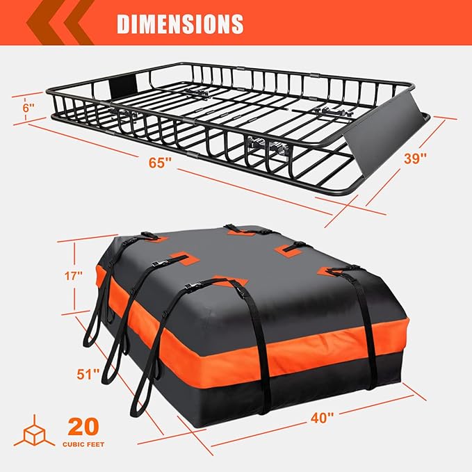 Roof Rack Carrier Carrier Basket 65"*39"*6"+Waterproof Bag 20 Cubic Feet(51"*40"*17"),and Cargo Net with Attachment Hooks,Ratchet Straps.200 Lbs Capacity,Universal Rooftop small Size Roof Rack