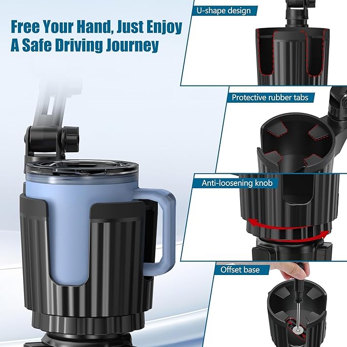 Phone Holders for Your Car Cupholder, 2 in 1 Cell Phone Holder Mount with Cup Holder Expandable Base, 360 Degree Rotating Nec