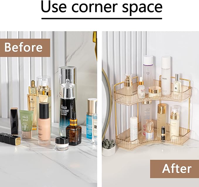 shuang qing 2-Tier Corner Bathroom Counter Organizer – Classic Storage Shelf for Makeup, Perfume & Toiletries, Space-Saving C