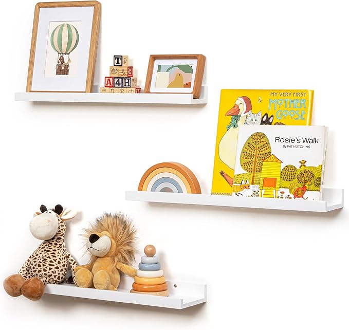 Picture Ledge Shelf for Wall, 24 inches Solid Pine Wood Nursery Book Shelves 3 Packs, Floating Ledge Shelves for Kids' Room B