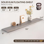 Long Live Edge Floating Shelf, 55 Inch Solid Elm Wood - Weathered Gray Rustic Wood Wall Shelf with Invisible Brackets for Liv