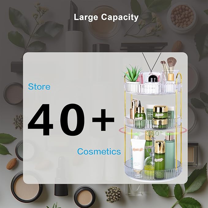 360 Rotating Makeup Organizer - Large Capacity Spinning Perfume & Cosmetic Skincare Holder for Countertop (Pearl White, 3 Tie