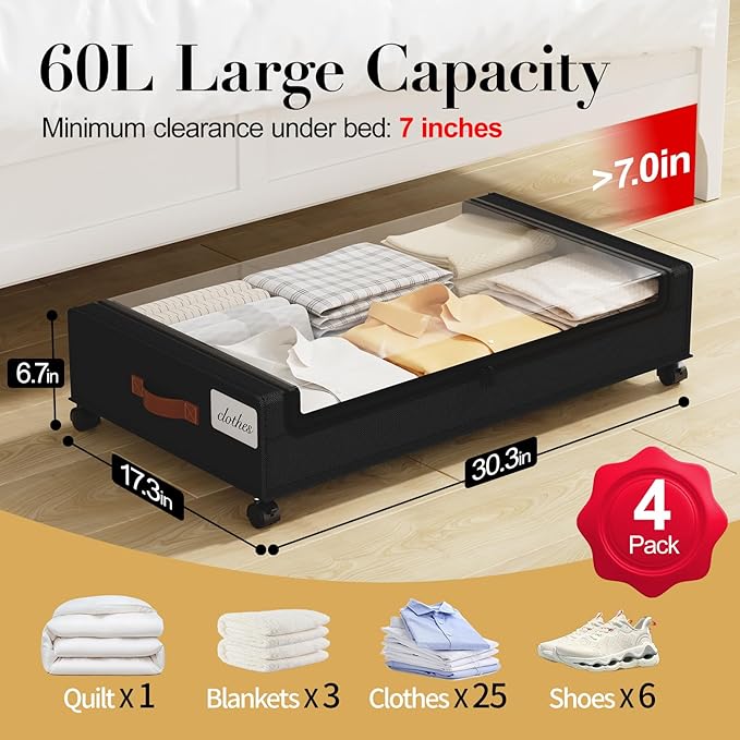 Yecaye Under Bed Storage with Wheels, 4 Pack Under the Bed Storage Containers with Lids & Label, XXL 60L Rolling Underbed Sto
