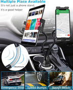 woleyi Cup Holder Tablet Mount for Car, [Double Device Clamp] Dual iPad Phone Car Mount with 10" Gooseneck Adjustable Arm for iPad Pro Air Mini, Galaxy Tabs, Z Fold, Fire HD, iPhone, 4.7-13" Devices