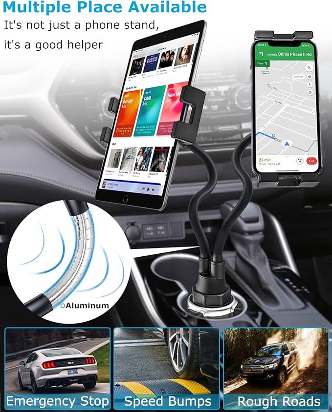 woleyi Cup Holder Tablet Mount for Car, [Double Device Clamp] Dual iPad Phone Car Mount with 10" Gooseneck Adjustable Arm for iPad Pro Air Mini, Galaxy Tabs, Z Fold, Fire HD, iPhone, 4.7-13" Devices