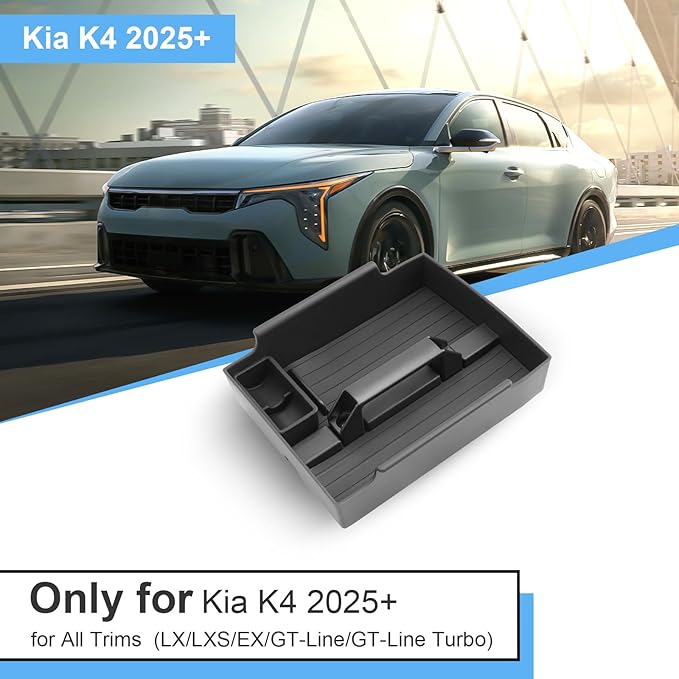 for 2025 2026 Kia K4 Center Console Organizer for Kia K4 (LX/LXS/EX/GT-Line/GT-Line Turbo), with Small Handle+Coin Holder, Durable ABS Plastic&Anti-Slip Console Tray 2026 2025 K4 Accessories