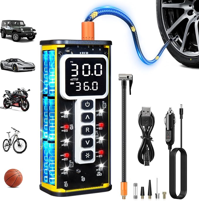 Upgraded Tire Inflator Portable Air Compressor, 150PSI Fast Cordless Air Pump for Car Tires, Auto Shut-Off Fast Inflation Tire Pump with Pressure Gauge & LED Light for Car, Bike, Motorcycle, Ball
