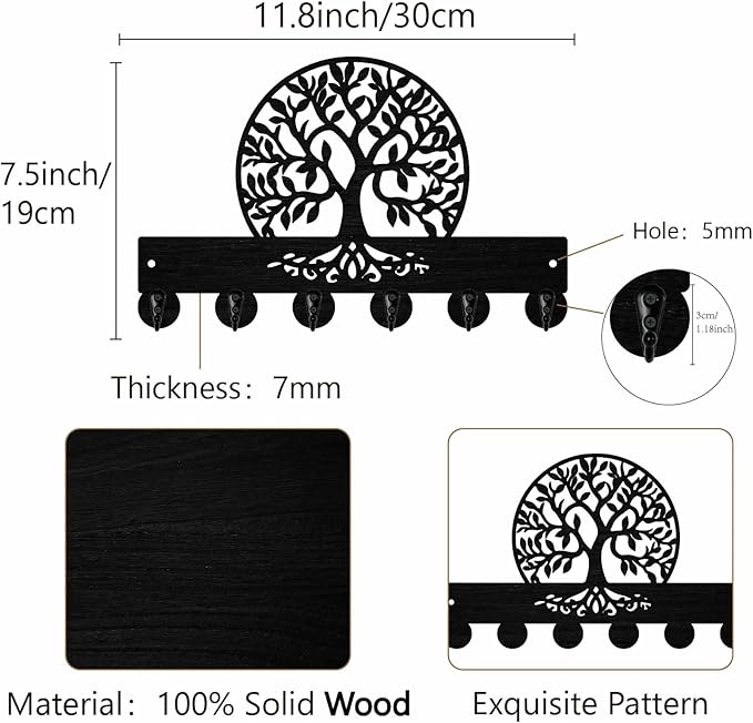 Tree of Life Key Holder Black Key Holder Wall Mount 11.8 x 7.5 Inch Botanical Theme Wooden Keychain Hanger Organizer Rack wit
