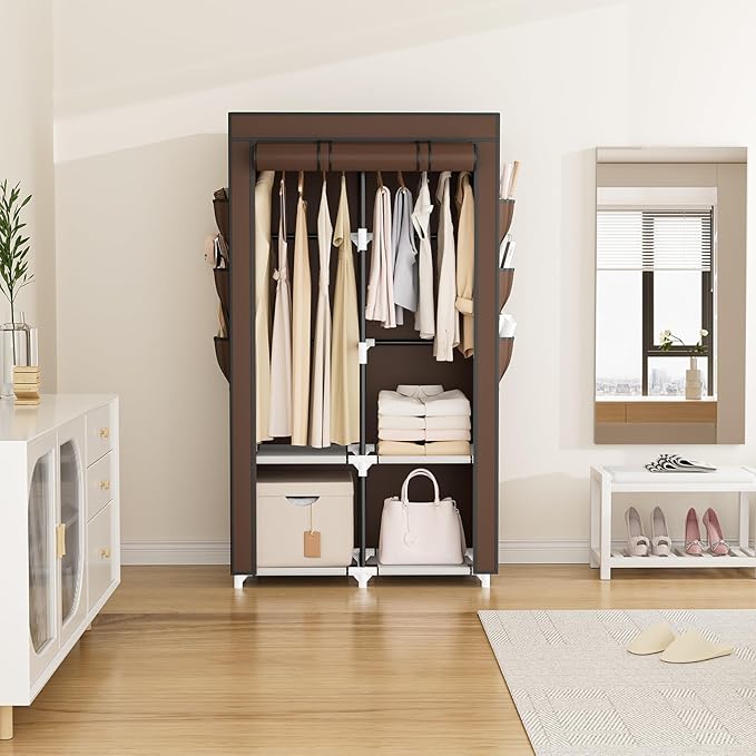 VTRIN Portable Closet Wardrobe for Hanging Clothes with 4 Storage Shelves, 2 Hanging Rods and 6 Pockets, Stable and Easy Asse