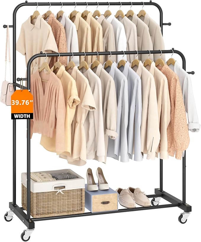Laiensia Double Rods Garment Rack with Wheels, Clothing Rack for Hanging Clothes,4 Hooks, Multi-functional Bedroom Clothes Ra