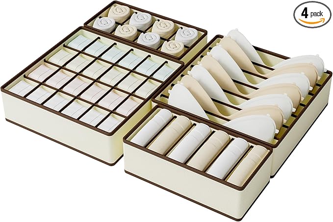 Drawer Organizer for Clothes Set, 4 Pack Foldable Dresser Closet Dividers (6/8/7/24-Cell), Non-Woven Underwear & Sock Drawer 