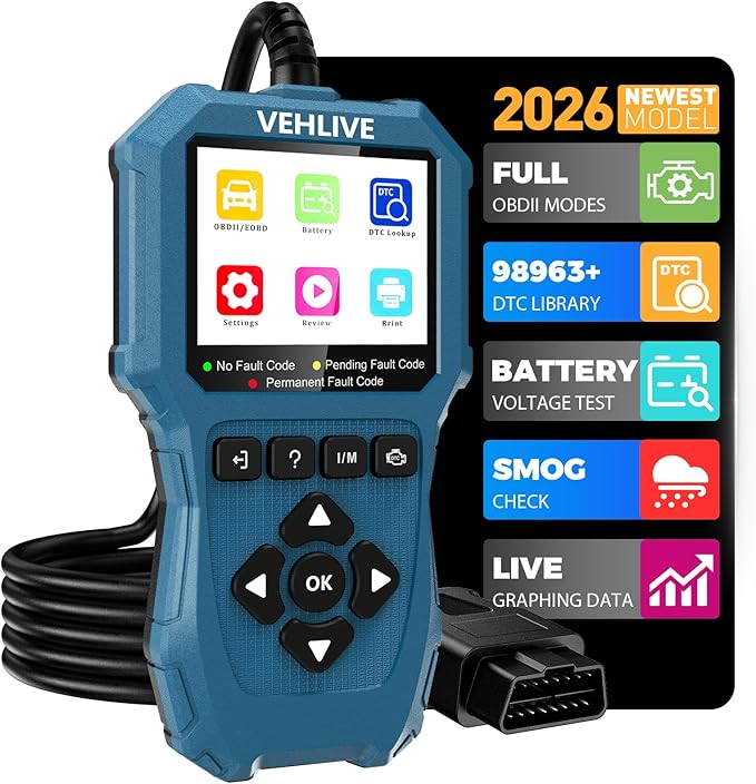 OBD2 Scanner Diagnostic Tool, Check Engine Light Car Code Reader with Reset, Battery Tester, Live Data, Freeze Frame, I/M